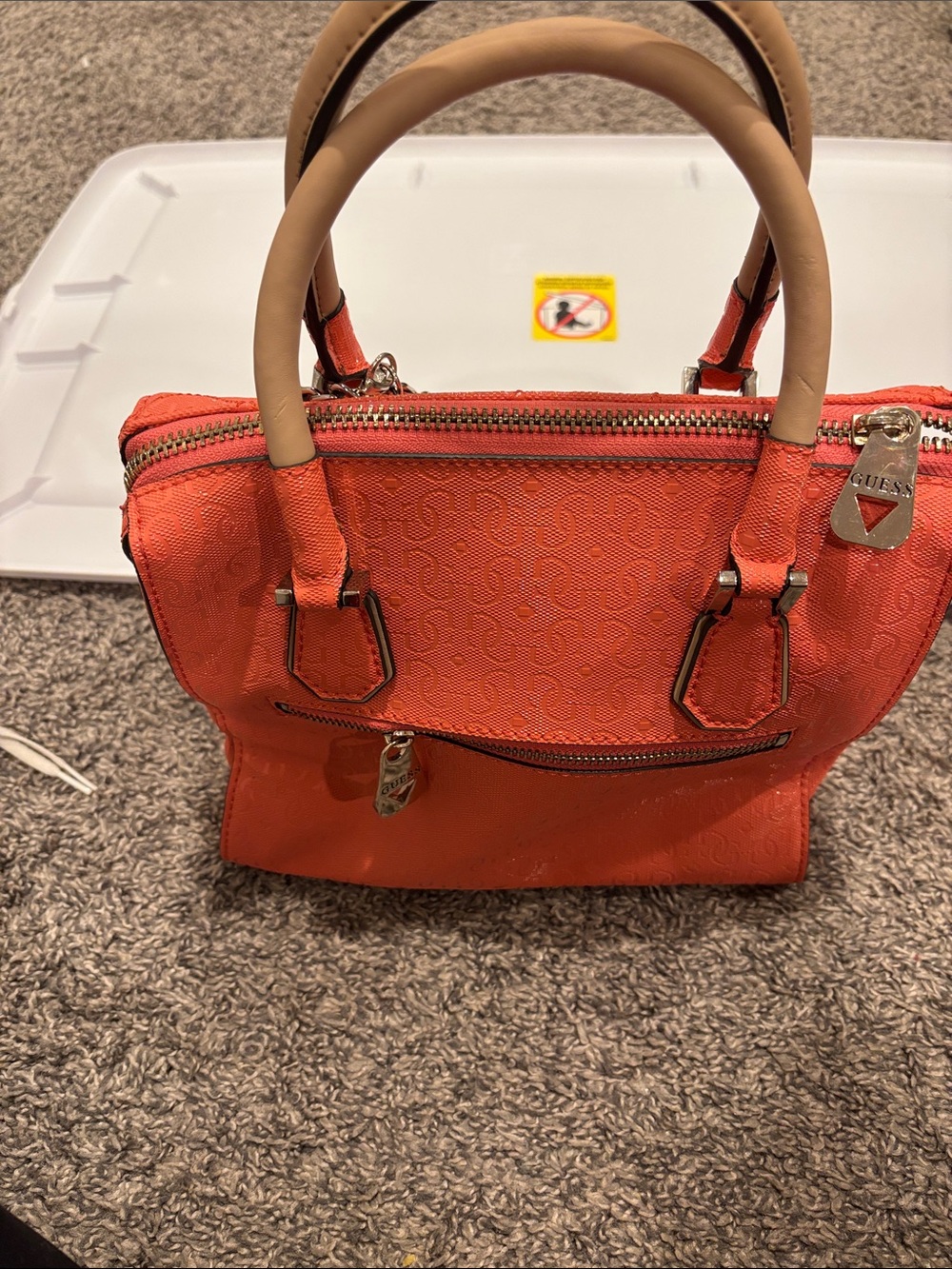 Guess Quilted Satchel in Coral Orange with Gold Hardware - Picture 2 of 8
